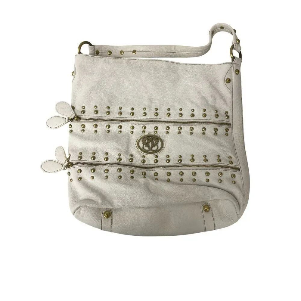 Sharif Women Shoulder Handbag White Pebbled Leather Studded Map Print lined Bag